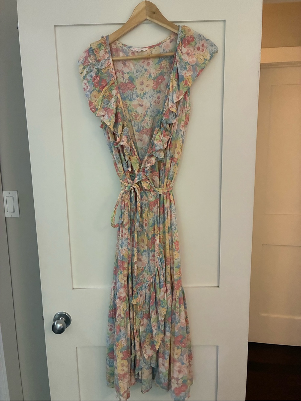 Jillian Harris Floral Ruffle-Trim Tie-Waist Maxi Dress - Pastel Multicolor